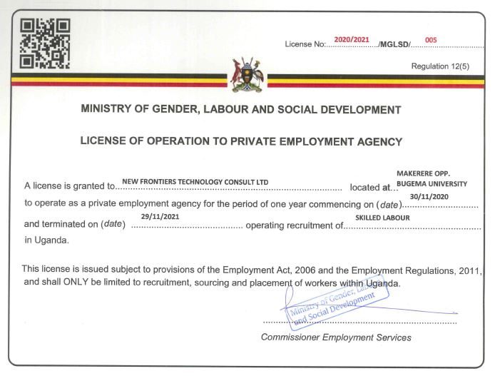   License of Operation Ministry of Labour  2020 – 2021